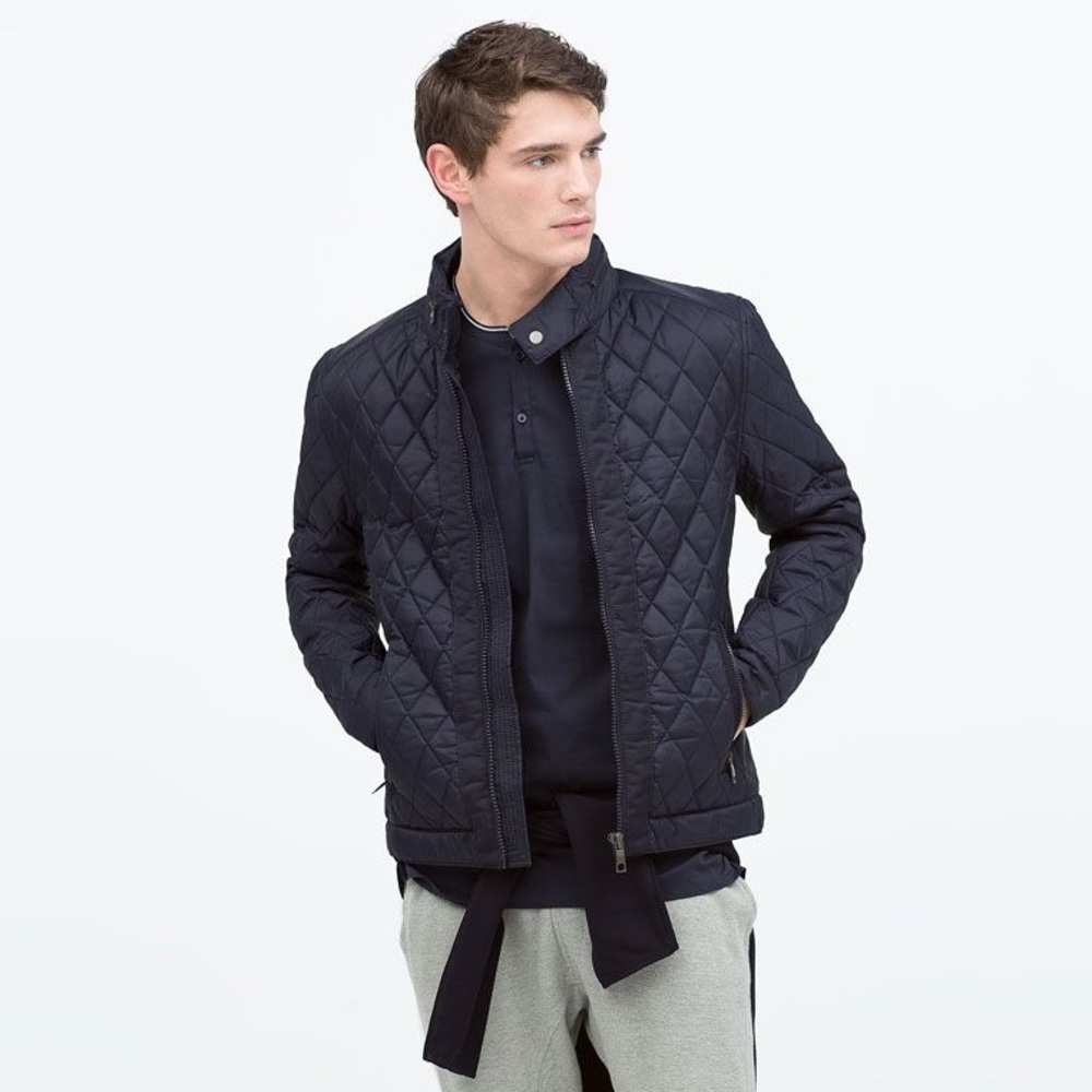 Zara Man Quilted Bomber Moto Jacket Black Zipper Puffer Coat Men’s Large